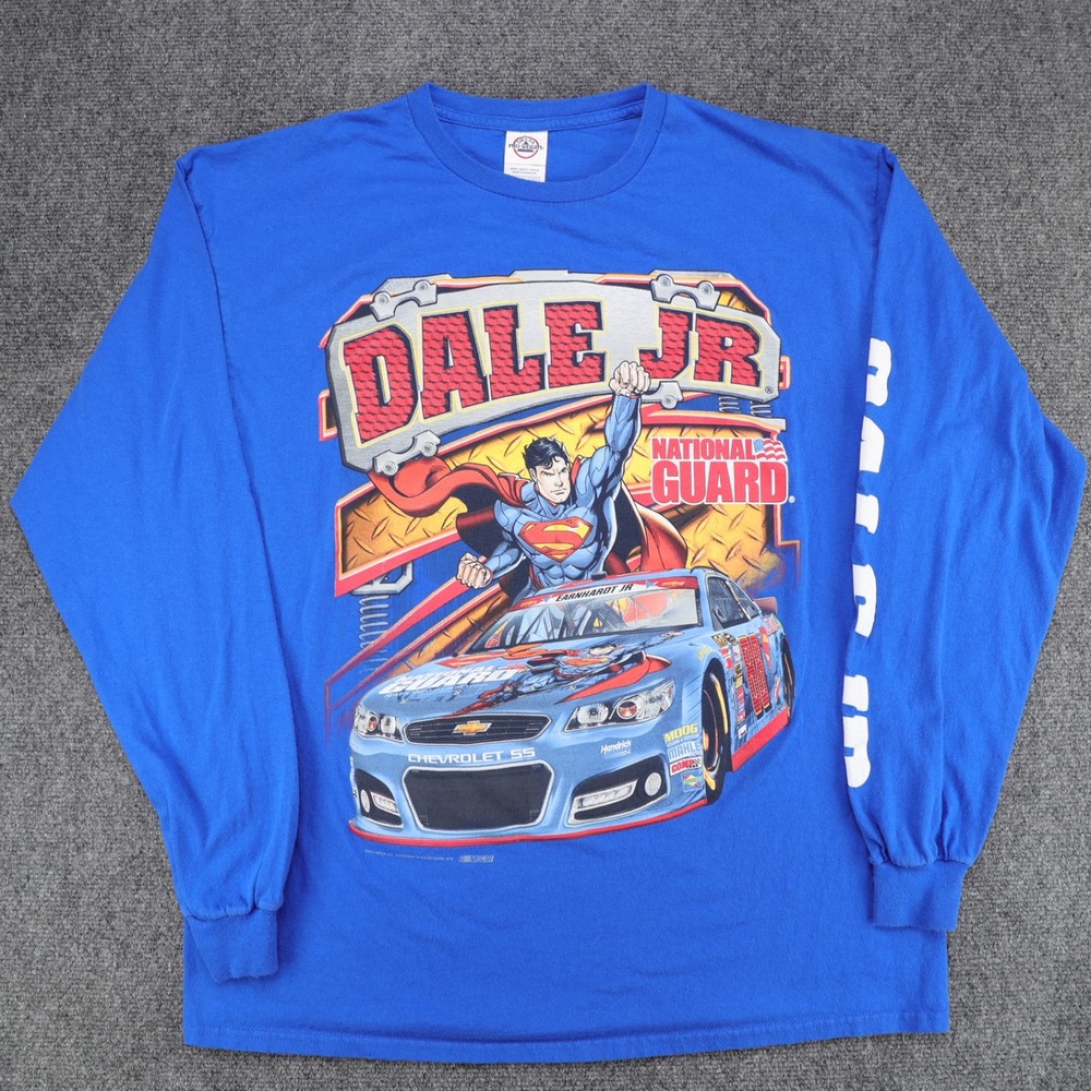 Dale Earnhardt Jr Superman NASCAR National Guard Blue Long Sleeve Shirt Mens XL